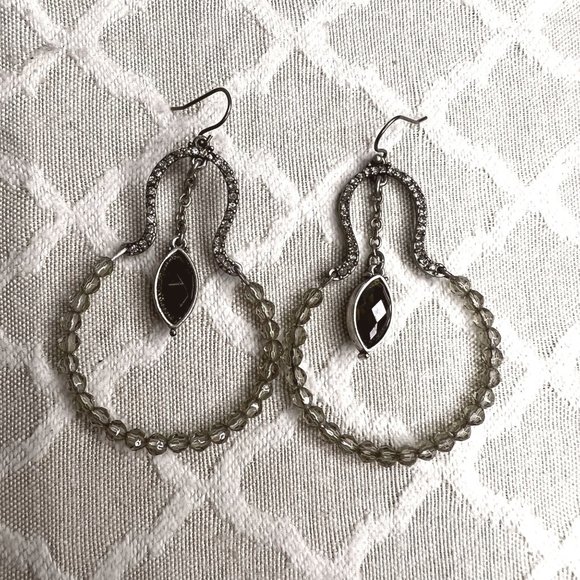 Beaded Dangle Drop Earrings Silver Tone Black Facet Stone Clear Rhinestone Beads - Picture 4 of 5